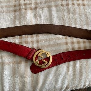 Red and Brown Leather Gucci belt with Gold Buckle